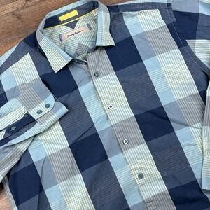 Tommy Bahama Long Sleeve Blue Plaid Silk Blend Shirt Button Down Men's Size XL